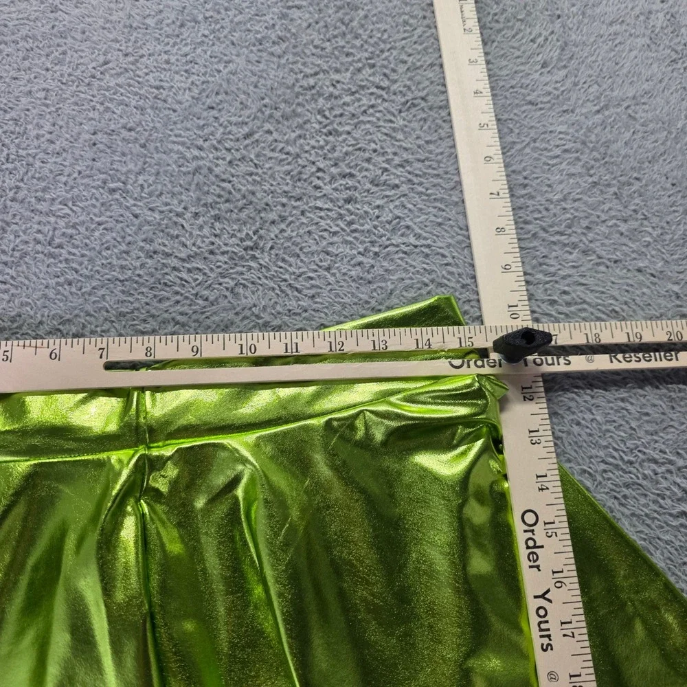 EXCHIC Women XL Skirt Set Lime Green Metallic Skater Skirt Sheer Glitter Top